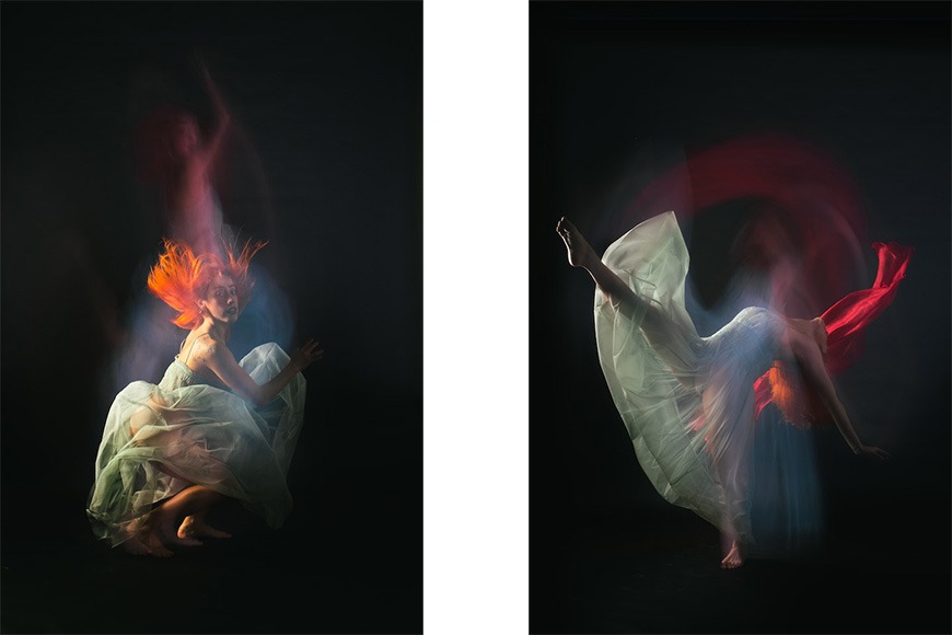 Two images of a dancer with fire in her hair.