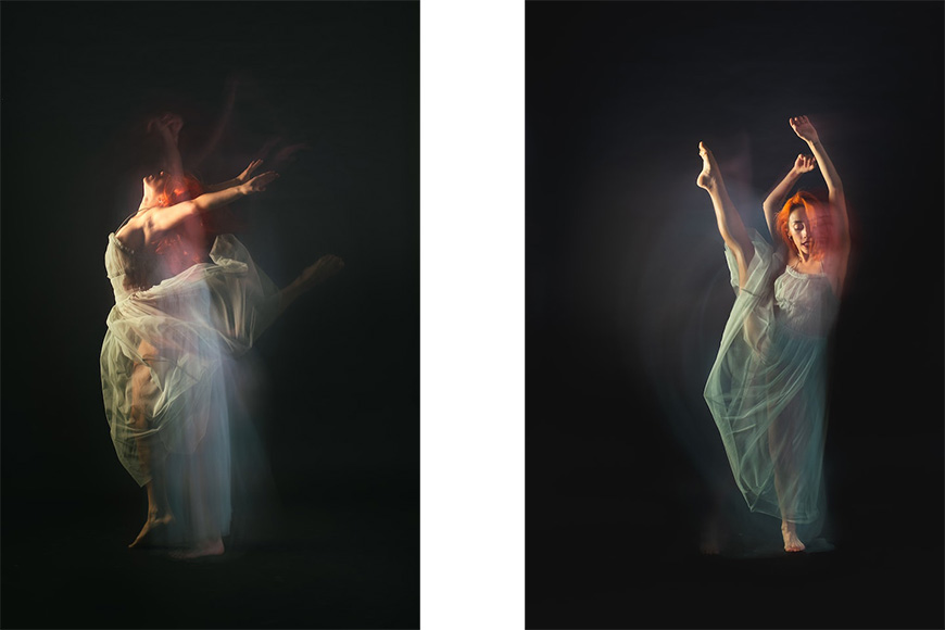Two pictures of a dancer in a dark room.