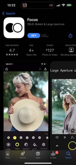 A photo of a woman with a hat on her head in a screenshot for the Focos camera app.