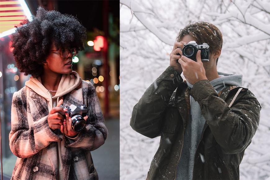 Two pictures of a man and a woman taking pictures in the snow.