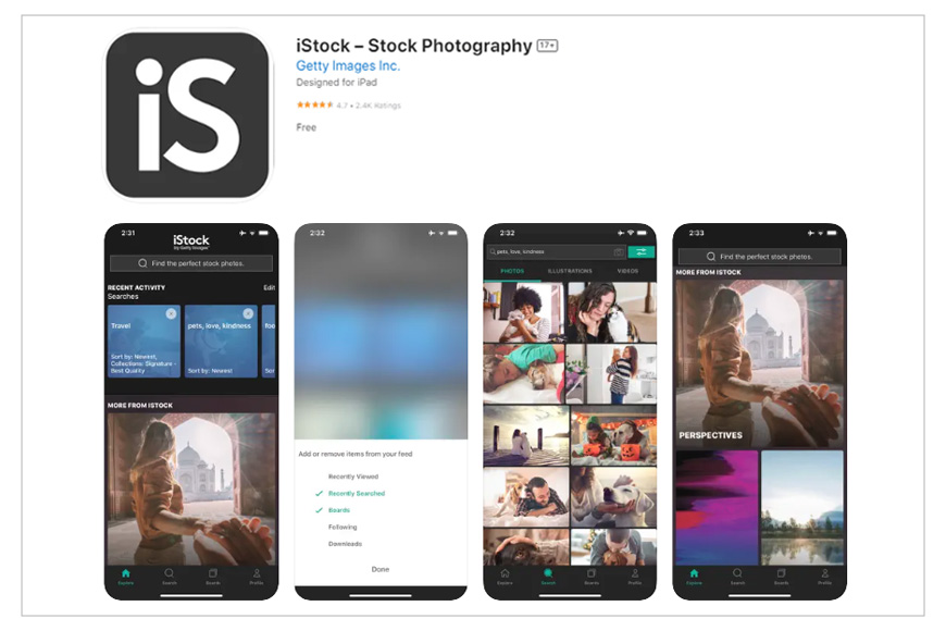 A screenshot iStock Photo and Getty Images app home page.