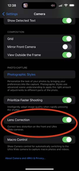 A screenshot of the camera settings on an iphone.