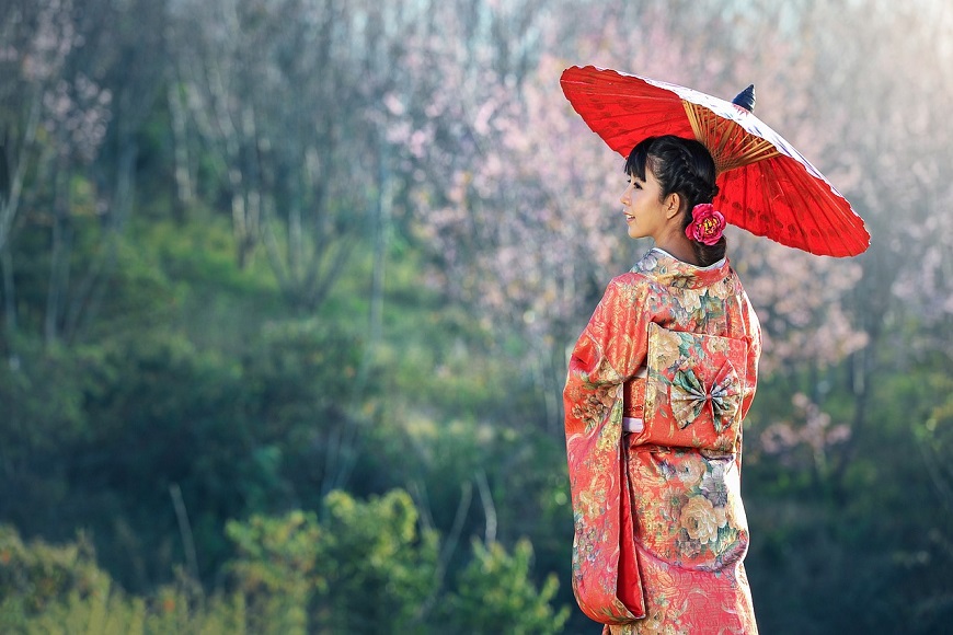 A woman in a traditional japanese kimono holding an umbrella.
