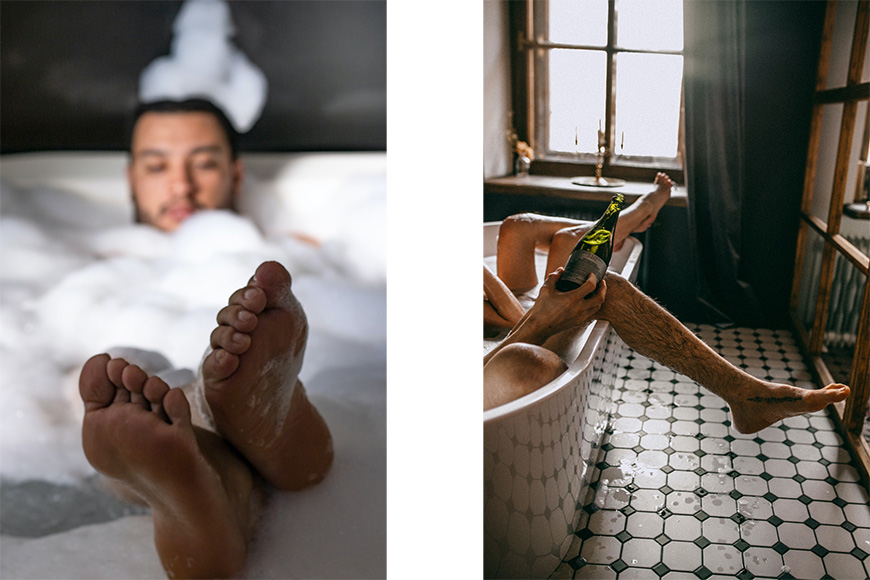 Two pictures of a man with his feet in a tub and a bottle of wine.