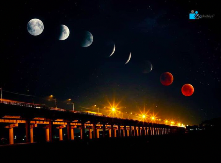 The phases of the moon over a bridge.