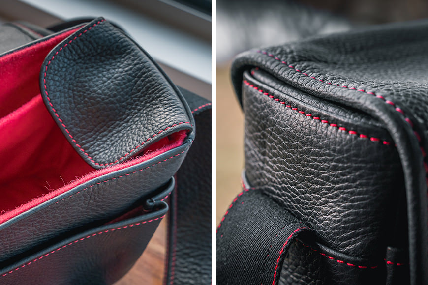 Two pictures of a black leather bag with red stitching.