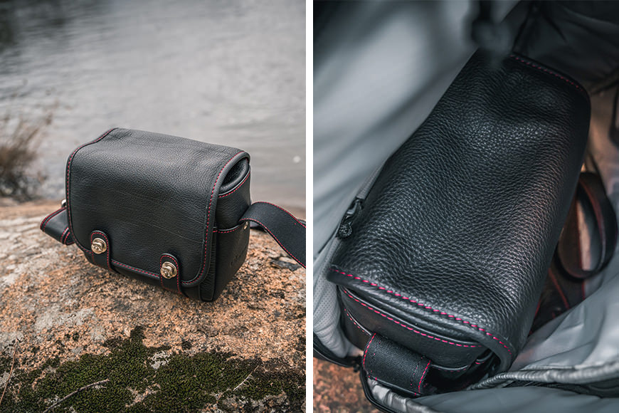 Two pictures of a camera bag on a rock.