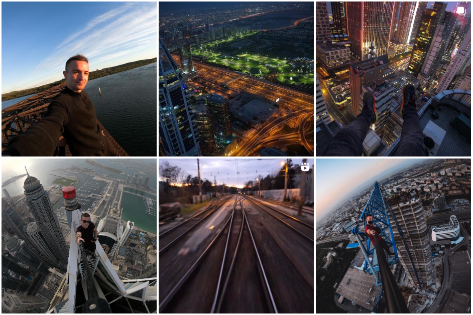 A collage of photos of a man on top of a building.