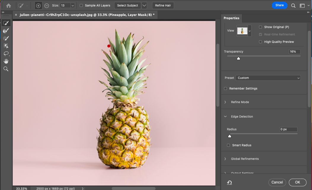 Smooth rough edges of a pineapple in adobe photoshop.