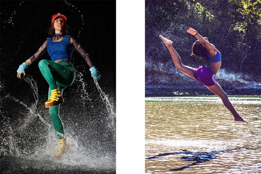 Two pictures of a woman jumping in the water.