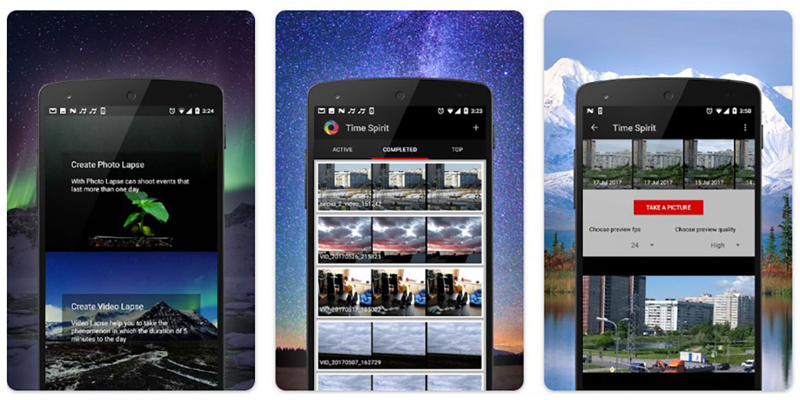 Three screenshots showing the features in Time Lapse Camera app