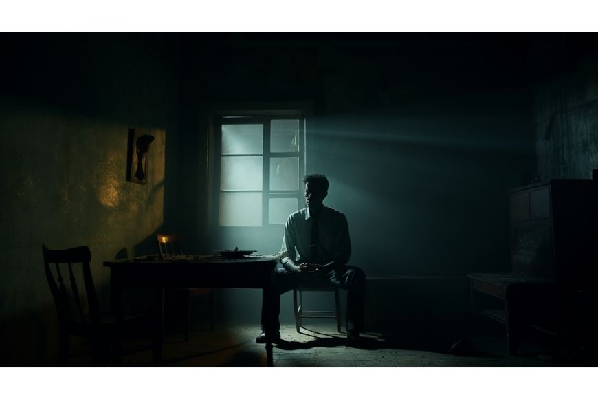 A man sitting at a table in a dark room.