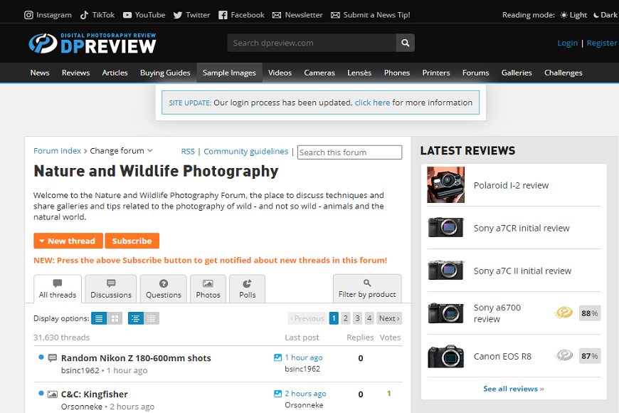 A screen shot of the nature and wildlife photography website.