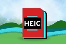 A red book with the word heic on it.