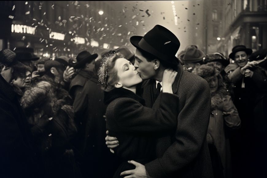 A man and woman kissing in a crowd of people.