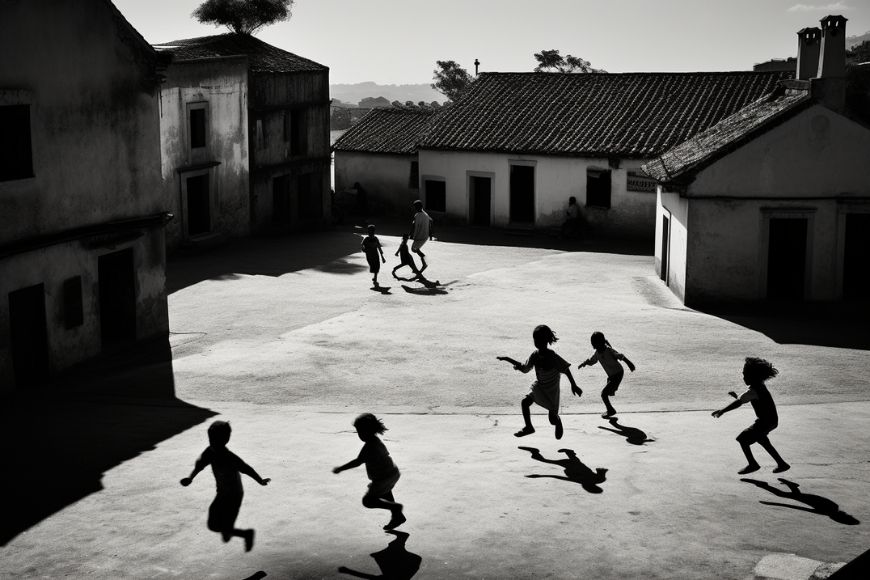 A black and white photo of children playing in a courtyard.