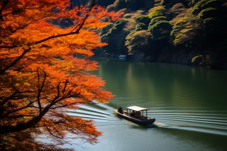 A boat is traveling down a river with trees in the background.