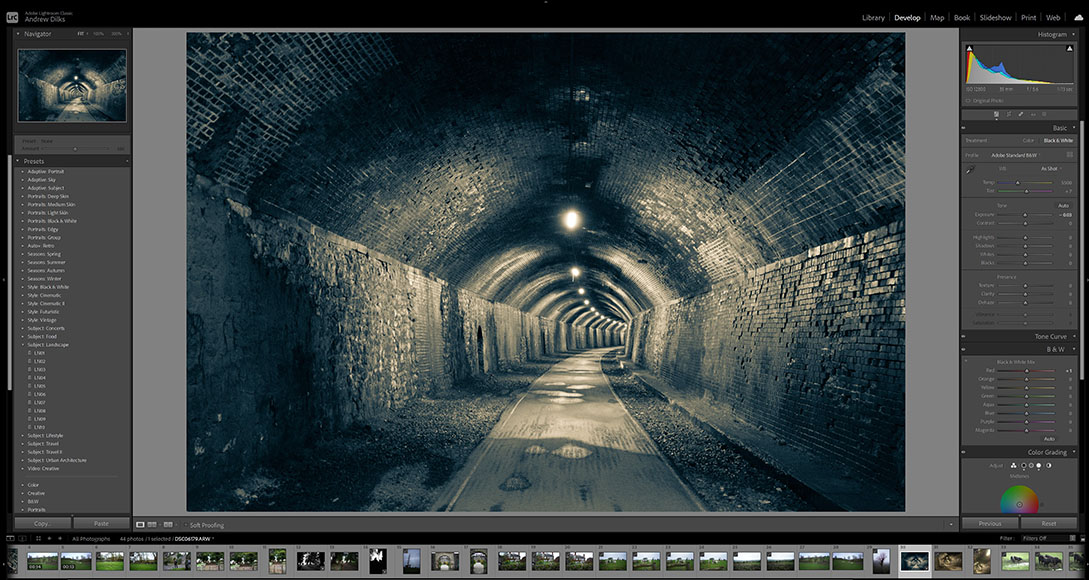 A photo of a tunnel in lightroom.