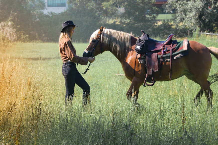 A woman riding a horse in a grassy field.