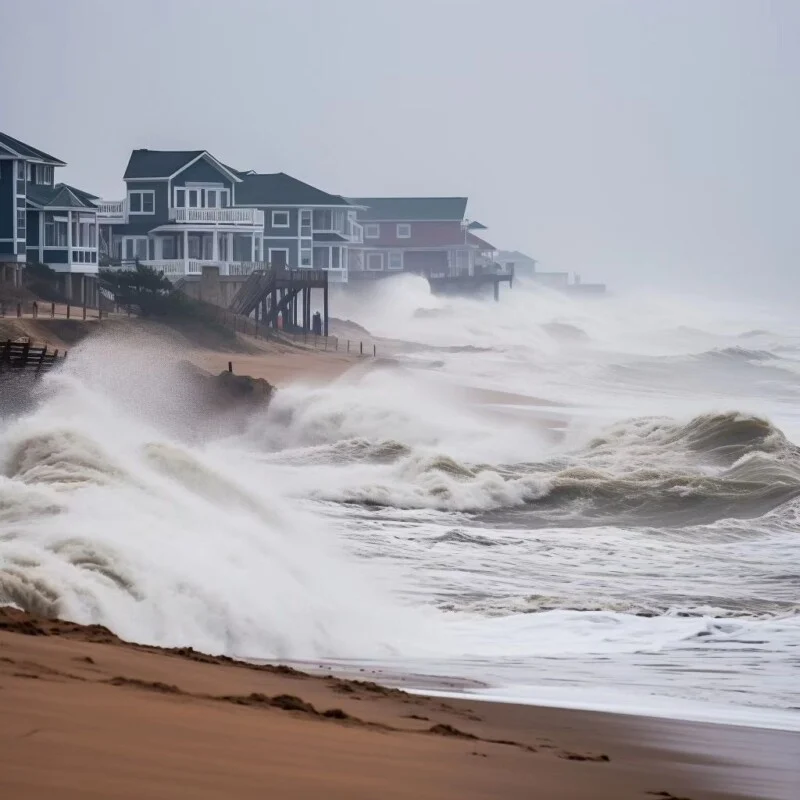 A wave crashes over a beach with houses in the background.