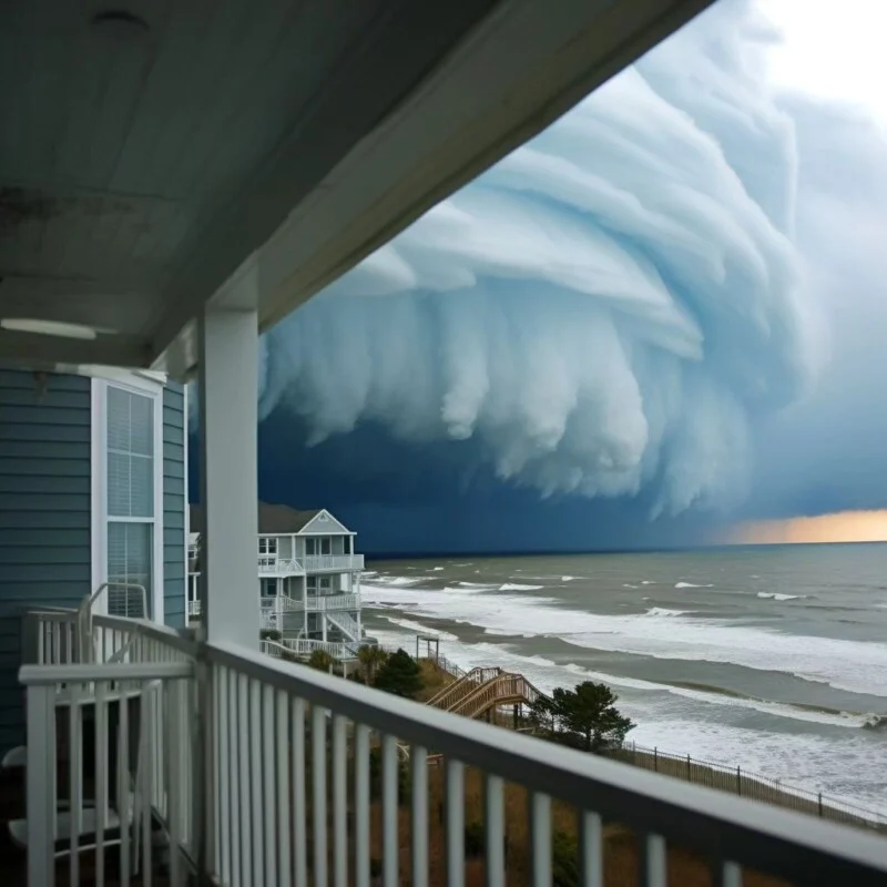 A large storm cloud is seen from a balcony overlooking the ocean.