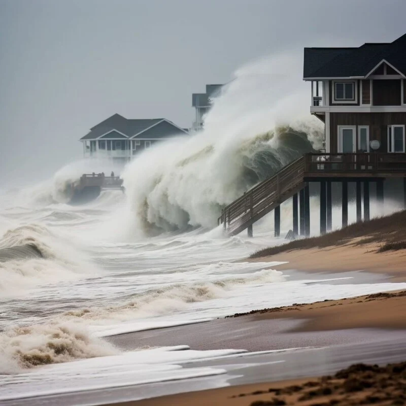 A large wave crashes into a house on the beach.