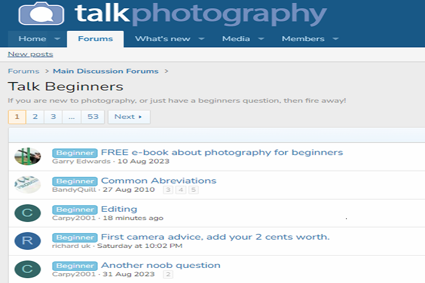 A screen shot of the talk photography page.