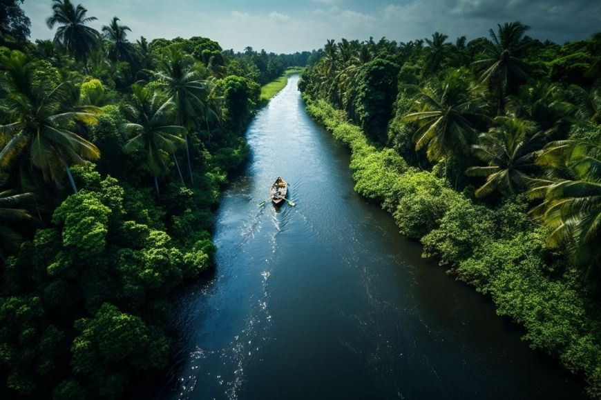 A boat is traveling down a river in a tropical forest.