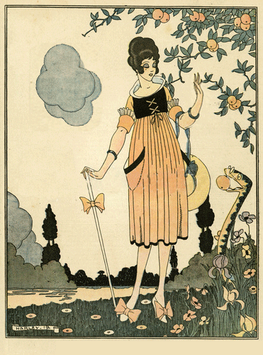 An illustration of a woman in a dress with a cane.