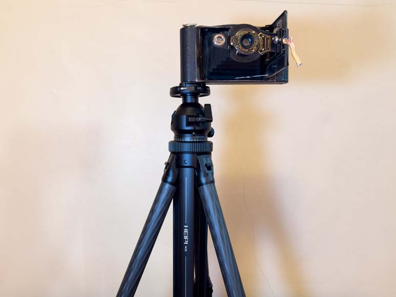 A camera on a tripod.