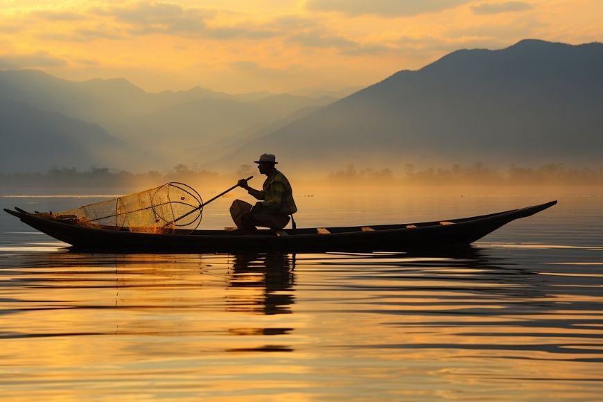 A man fishing in a boat on the lake.