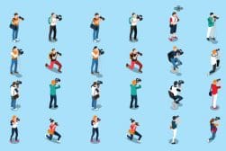 A set of isometric photographers in different poses.