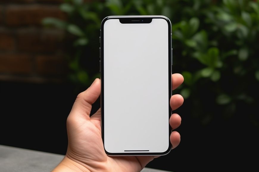 A hand holding an iphone x with a white screen mockup.