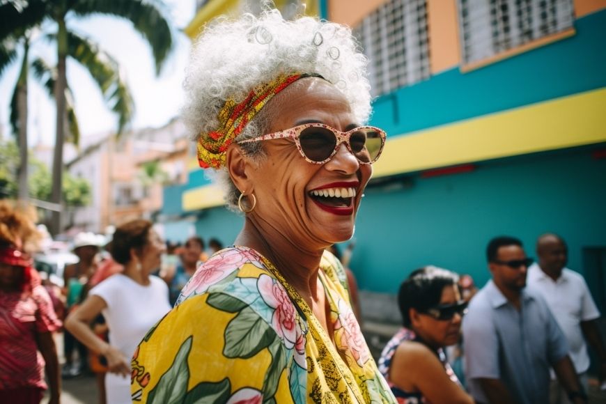 A woman in a colorful dress smiles on a street in havana.