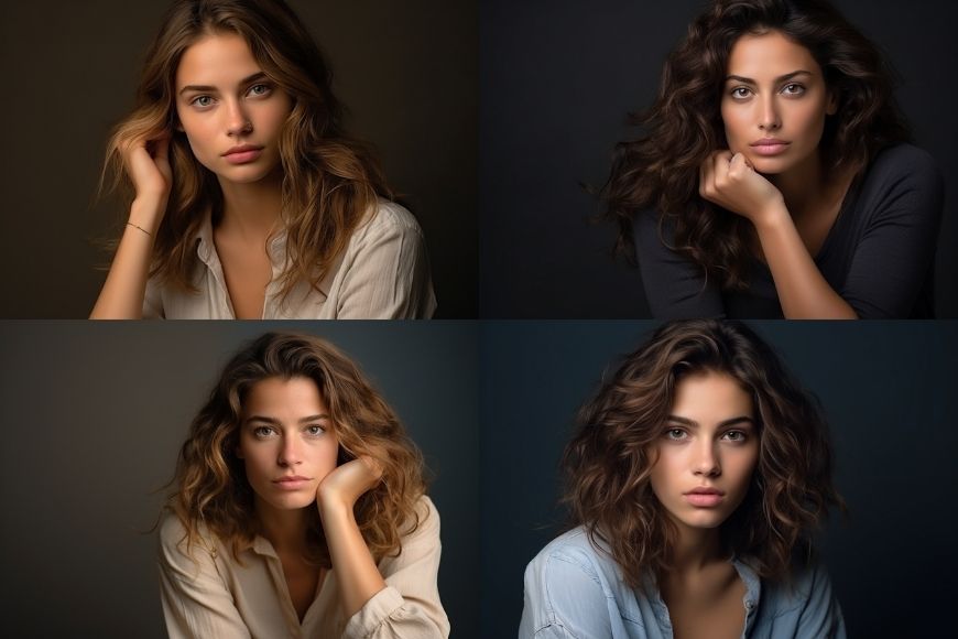 Four different pictures of a woman posing in front of a camera.