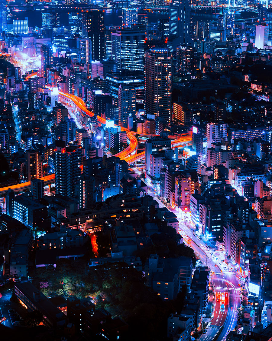An aerial view of a city at night.