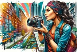 Illustration of a woman taking photographs in a vibrant urban setting.