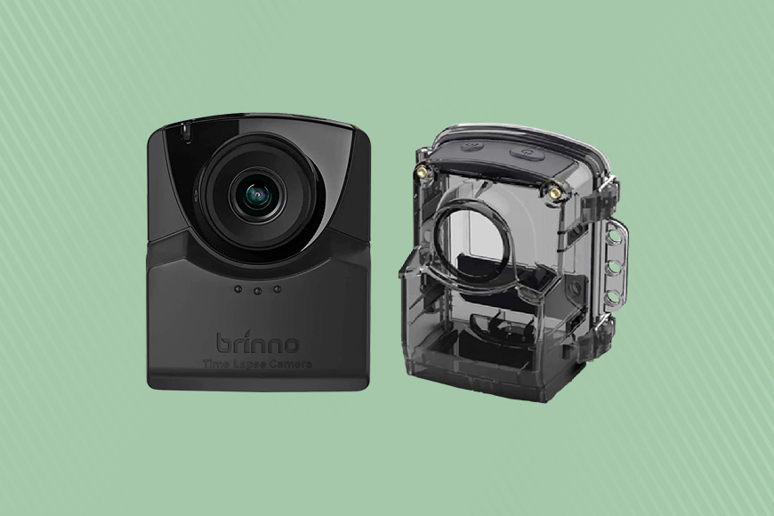 The brinno action camera is shown on a green background.