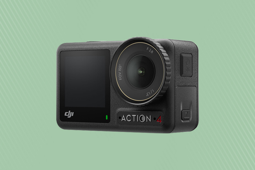 The dji action 2 is shown on a green background.