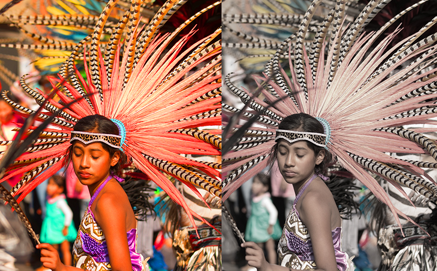 Two photos of a girl wearing a feathered headdress.