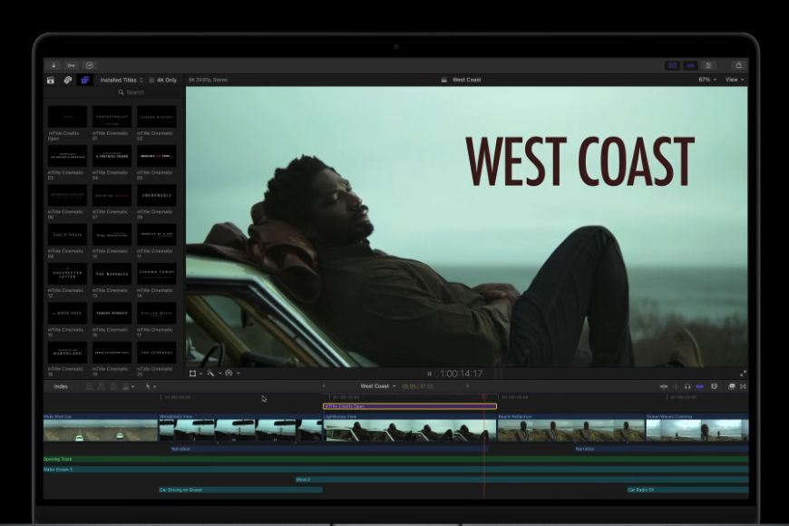 A laptop screen with the word west coast on it. Final Cut Pro interface