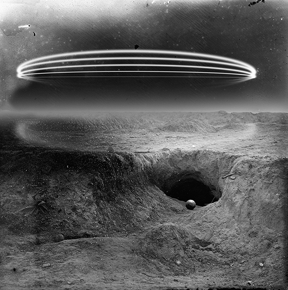 An old black and white photo of a spaceship flying over a hole.
