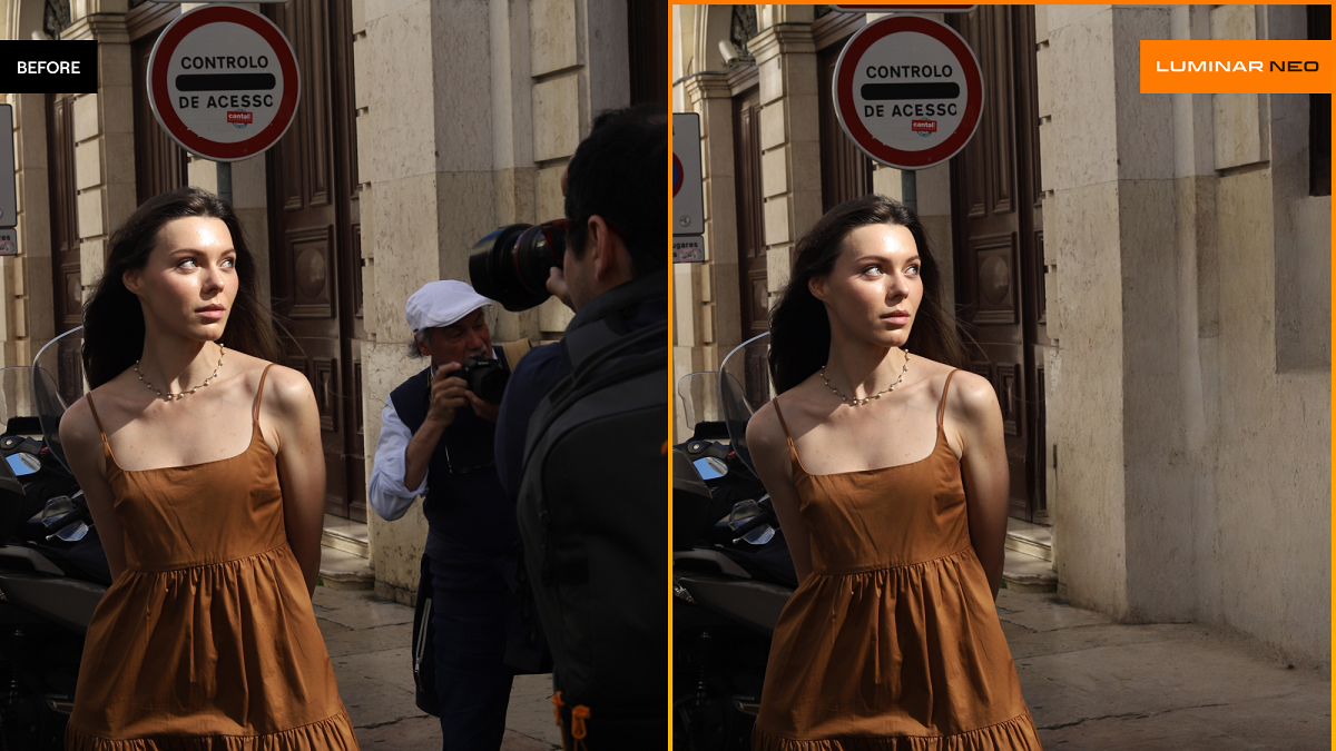 A woman in a brown dress is walking down the street.