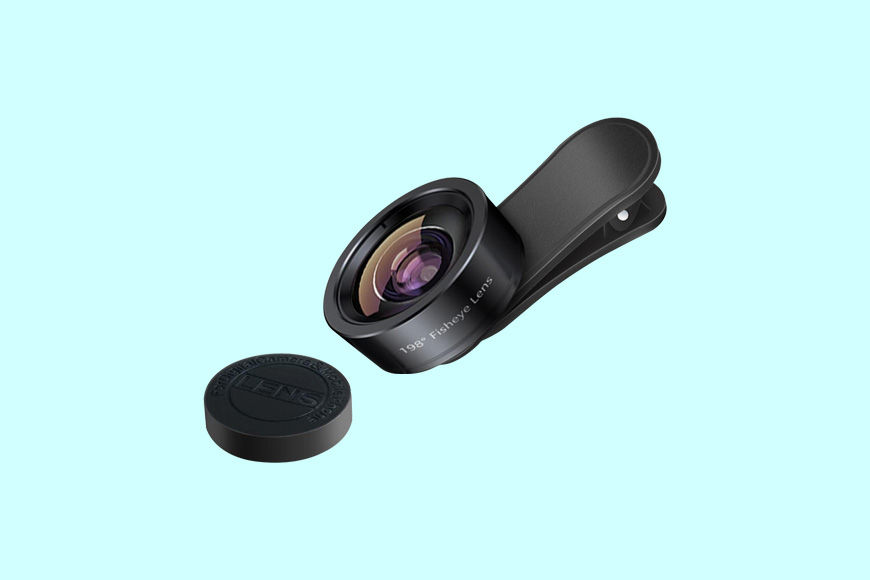 A black camera lens on a blue background.