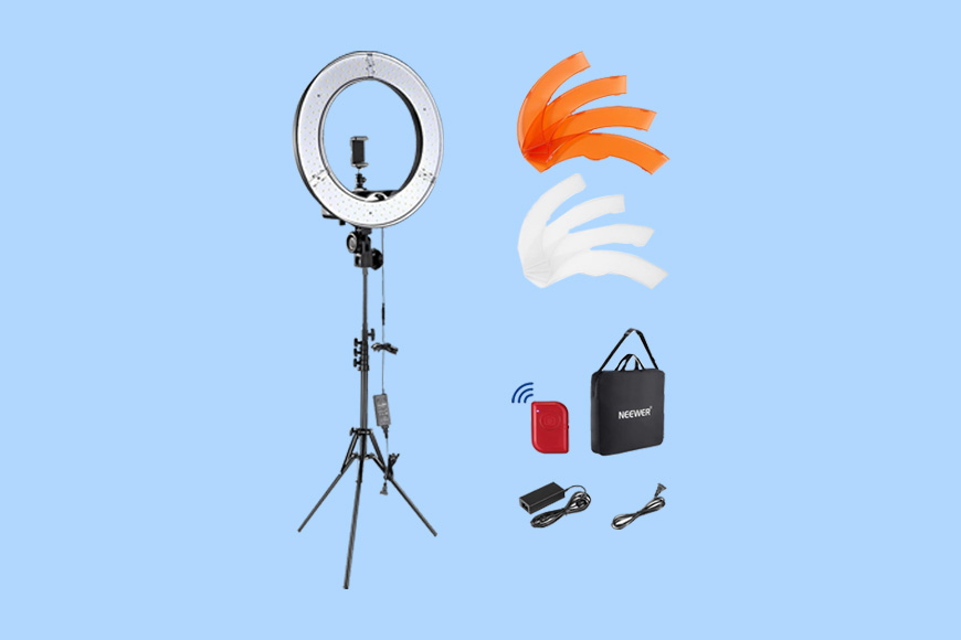 A ring light with a tripod and other accessories.
