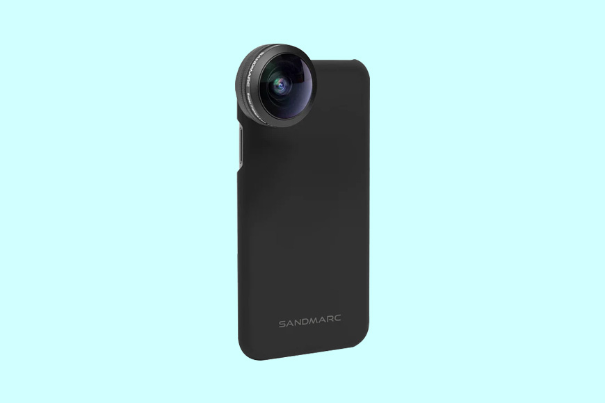 A black phone case with a lens attached to it.