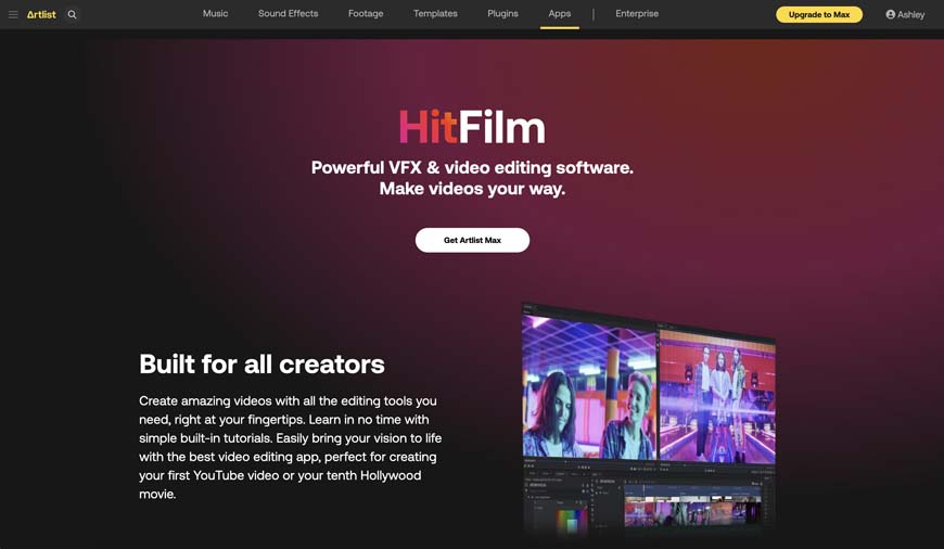 The homepage of hitfilm.