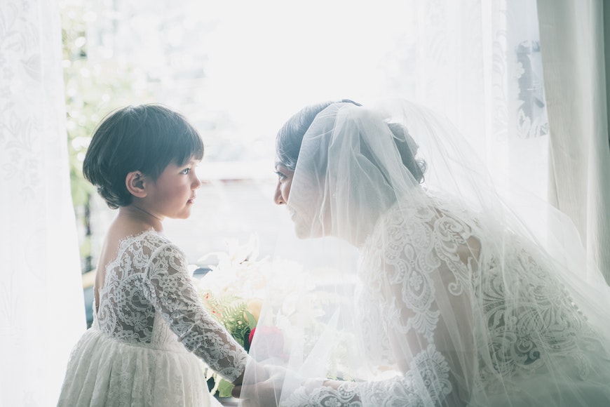 A bride and flower girl looking at each other through a window.