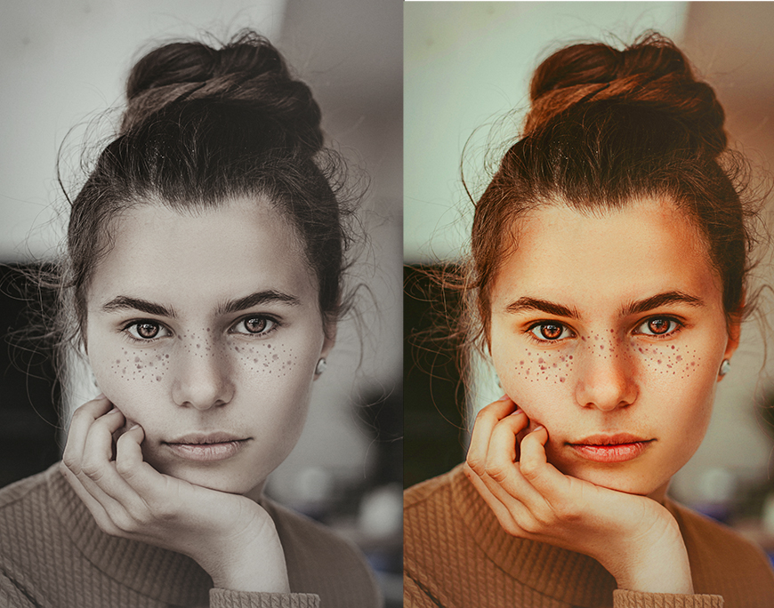 Two photos of a woman with freckles on her face.