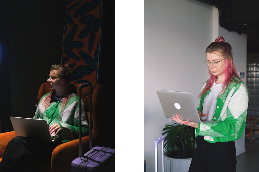 Two pictures of a woman using a laptop in a dark room.